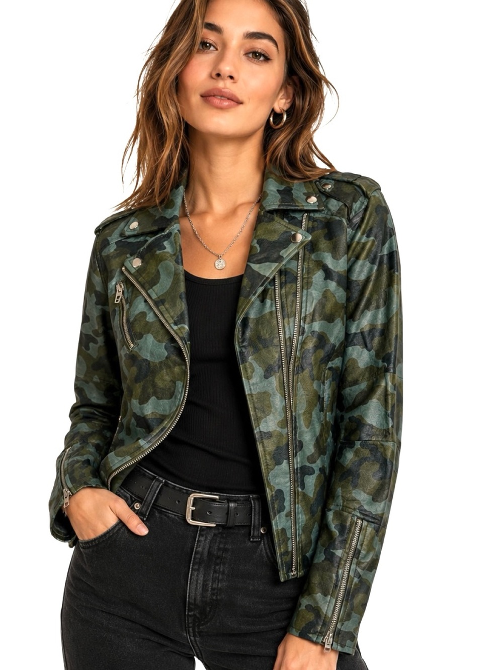 Colleen Lopez Moto Camouflage Green Faux Leather Jacket M